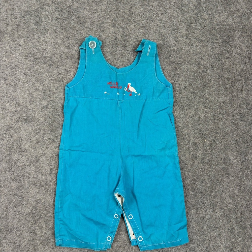 Romper Baby Teal Blue Hello World Stork Embroidery Vintage Surf Preppy 80s 90s - Picture 2 of 10